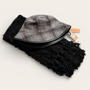 Steve Madden Gray Plaid Reversible Bucket Hat with Scarf